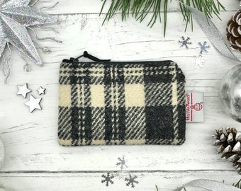 Scottish Harris Tweed® zipped coin purse in black and white check with seam label | Scottish tweed zipper purse | Scottish gift