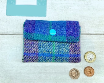 Harris Tweed® Coin Purse: Purple Green Plaid, Scottish Gift 3 Compartment Accordion Wallet