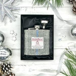 Harris Tweed® Geschenk Boxed 6 Unzen Flachmann: Scottish Edelstahl Flachmann Grau