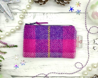 Harris Tweed® zipped coin purse in pink and purple check with seam label | Scottish tweed zipper purse | Scottish gift