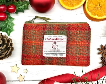 Scottish Harris Tweed® zipped coin purse in orange & olive check | Scottish tweed zipper purse in tangerine and green check | Scottish gift