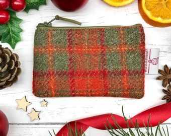 Harris Tweed® zipped coin purse in orange & olive check with seam label | Scottish tweed zipper purse in tangerine and green check | Gift