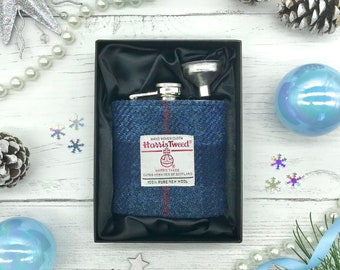 Gift Boxed 6oz Hip flask with Harris Tweed® sleeve in navy blue check | Scottish Wedding Party Gift | Wedding Memento | Best Man's Gift