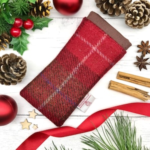 Harris Tweed® Glasses Case: Flexi-Top Spectacle Sleeve Red Brown Check