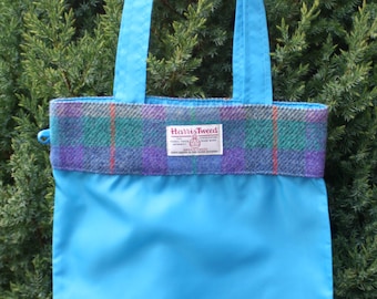 Foldable shopping bag with purple & green check Scottish Harris Tweed® | Reuseable fold away tote shopping bag | Compact fold up eco shopper