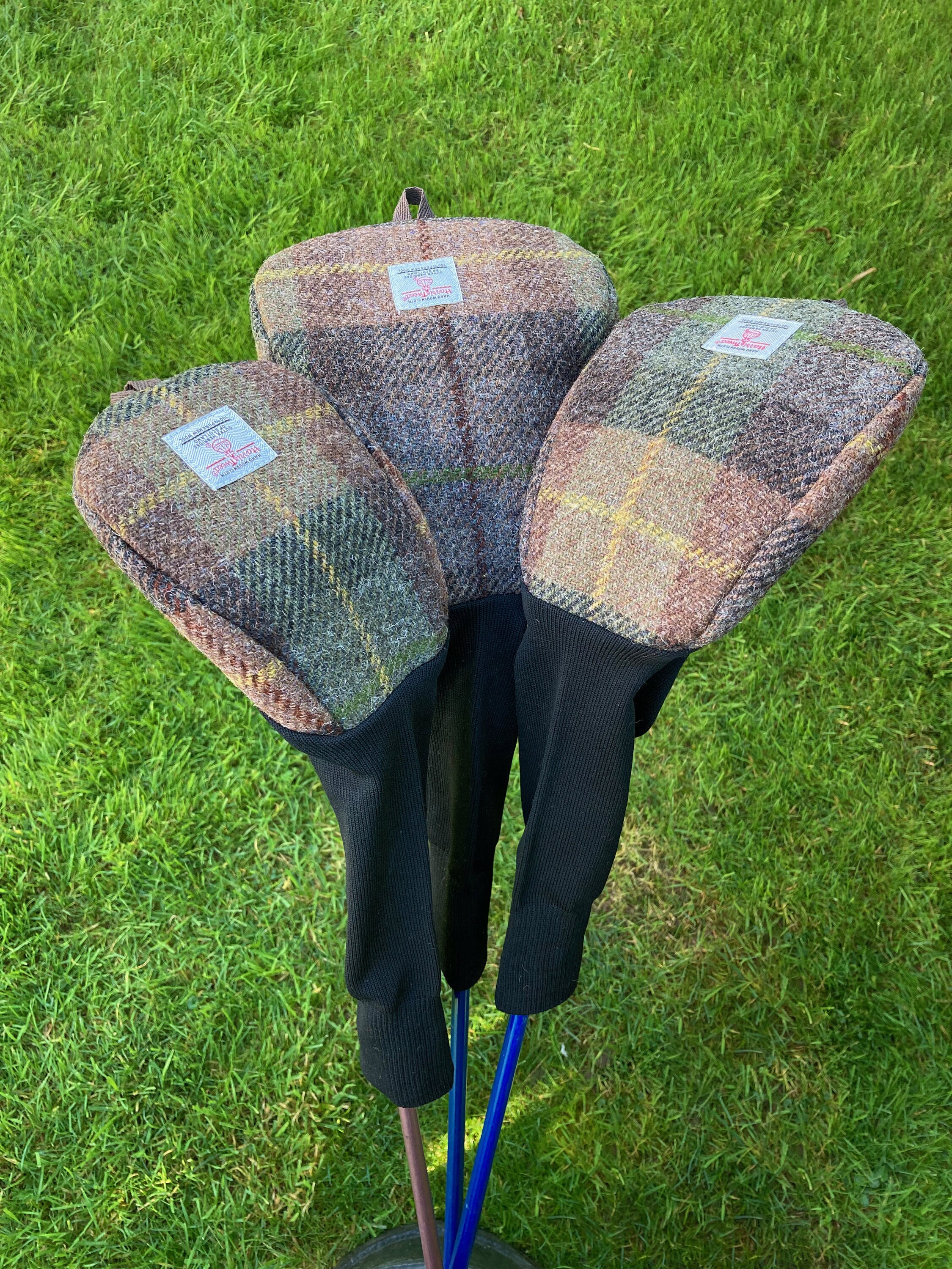 A Single Brown & Green Harris Tweed® Golf Head Cover | Scottish Tweed Golf Driver Cover | Tweed Golf Fairway Wood Club | Plaid Golfers Gift - Thumbnail 3