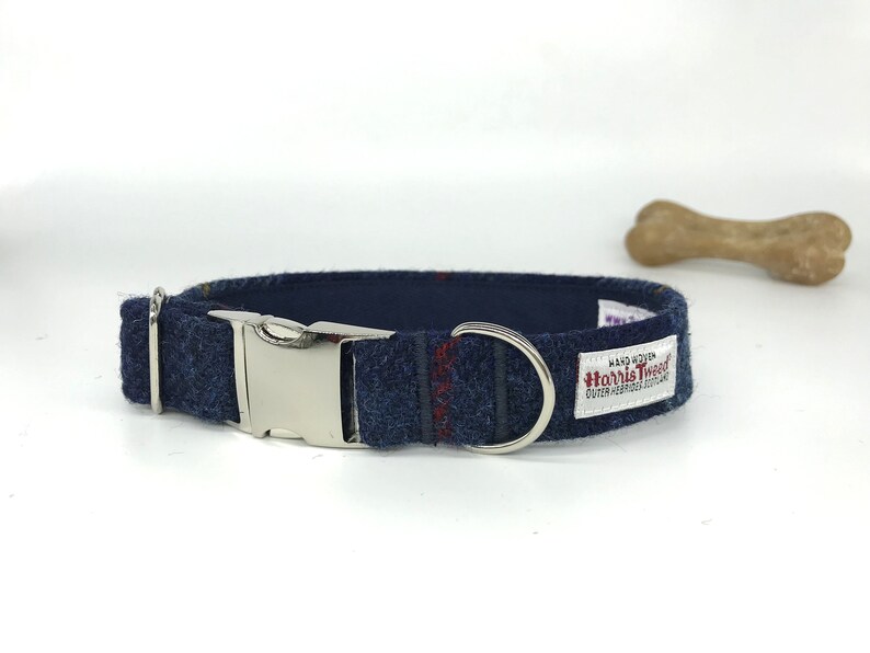 Scottish Harris Tweed® Adjustable Dog Collar navy blue check Plaid Dog collar with metal clasp Tartan dog collar Dog lovers gift image 4