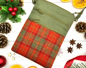 Scottish Harris Tweed® Orange & Olive Canvas Bag | Scottish Tweed Shoulder Bag | 3 Zipped Green, Tangerine Tweed and Canvas Bag | Travel Bag