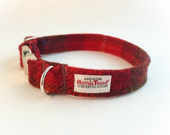 Scottish Harris Tweed® Adjustable Dog Collar in red & brown 2.5cm | Plaid Dog collar with metal clasp | Tartan dog collar | Dog lovers gift