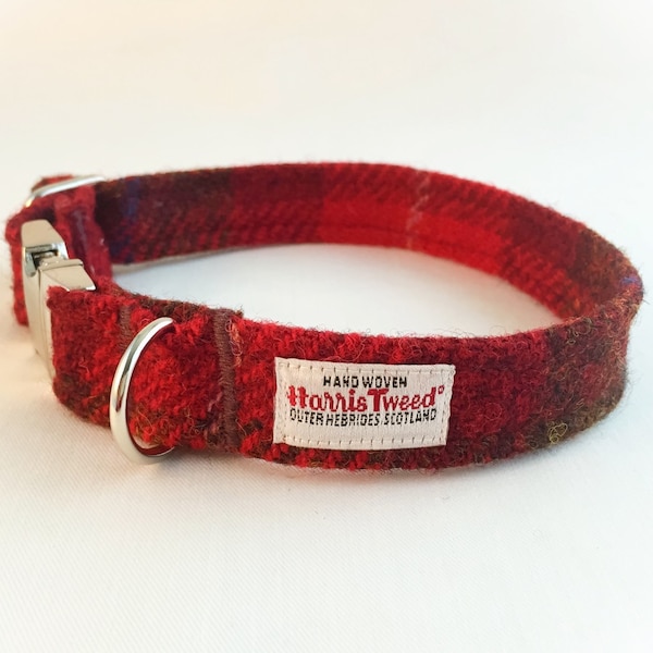 Scottish Harris Tweed® Adjustable Dog Collar in red & brown 2.5cm | Plaid Dog collar with metal clasp | Tartan dog collar | Dog lovers gift