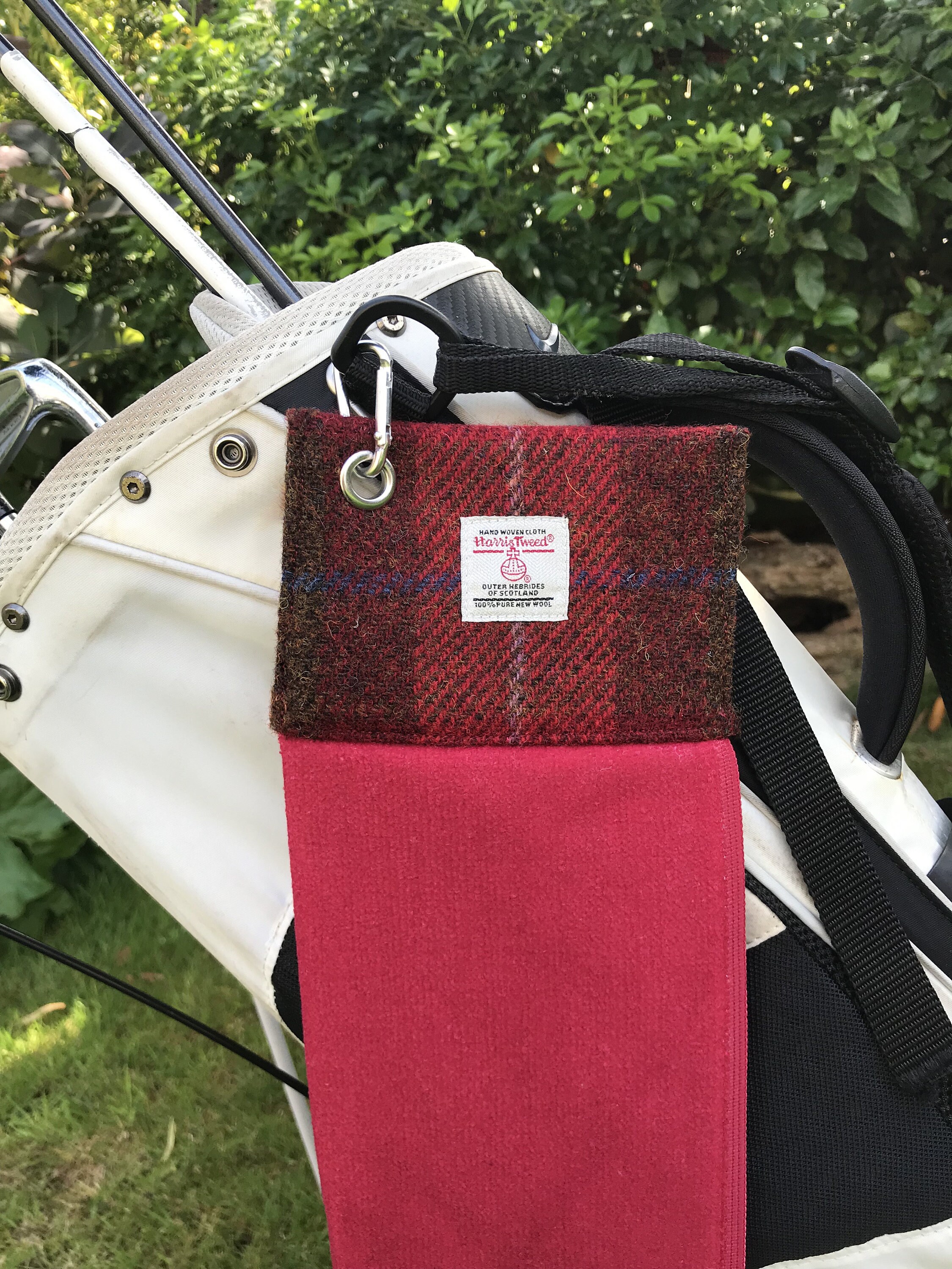 Orange Red & Green  Harris Tweed® Golf Towel | Harris Tweed® Velour Towel | Clip Velour Sports Towel | Scottish Tri-Folded Sports Towel - Thumbnail 6