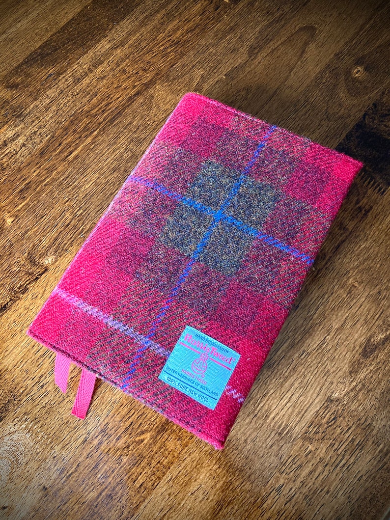 Harris Tweed® Bible Covers Scottish Tweed check tartan Bible dust cover Plaid Tweed Holy Book Protector red and brown check