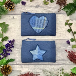 Tweed Coin Purse: Denim Blue Canvas, Heart or Star