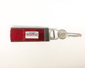 Scottish Harris Tweed® key fob in red & brown check | Tweed New Home keychain | Tweed Housewarming keyring