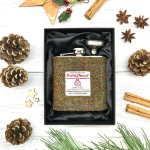 Gift boxed 6oz Hip flask with Harris Tweed® sleeve in flecked olive green | Scottish Country Wedding Party Gift | Wedding Memento