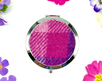 Harris Tweed® Compact Mirror in Pink and Purple Check | Scottish Tweed Handbag Make-up Mirror | Portable Pocket Folding Mirror Gift