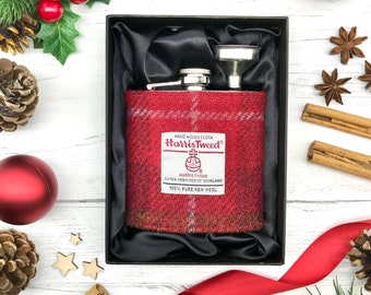 Harris Tweed® 6oz Hip Flask Gift Set | Red Brown Check Stainless Steel Flask