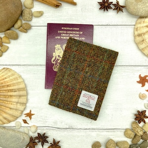 Harris Tweed® Passport cover in flecked olive | Traveller&#39;s Gift | Tartan Passport Holder | Scottish B7 book cover | Plaid Passport Sleeve