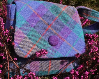 Scottish Harris Tweed® Handbag in purple and green check | Scottish Tweed Bag with Adjustable Strap