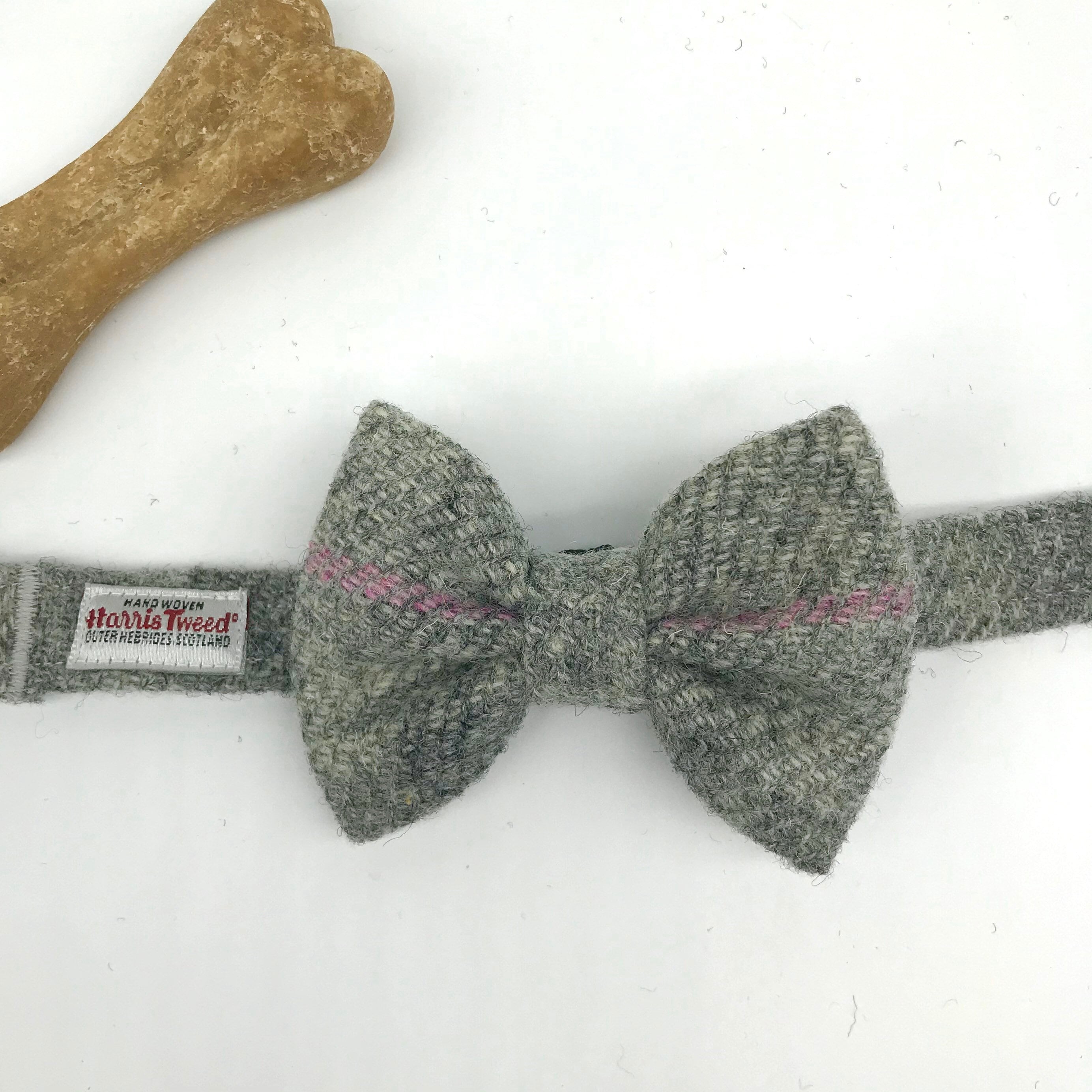 Harris Tweed® Bow Ties for Dog Collars in grey check with pink and blue | Scottish Tweed Dickie Bows for Dogs in gray check - Thumbnail 3