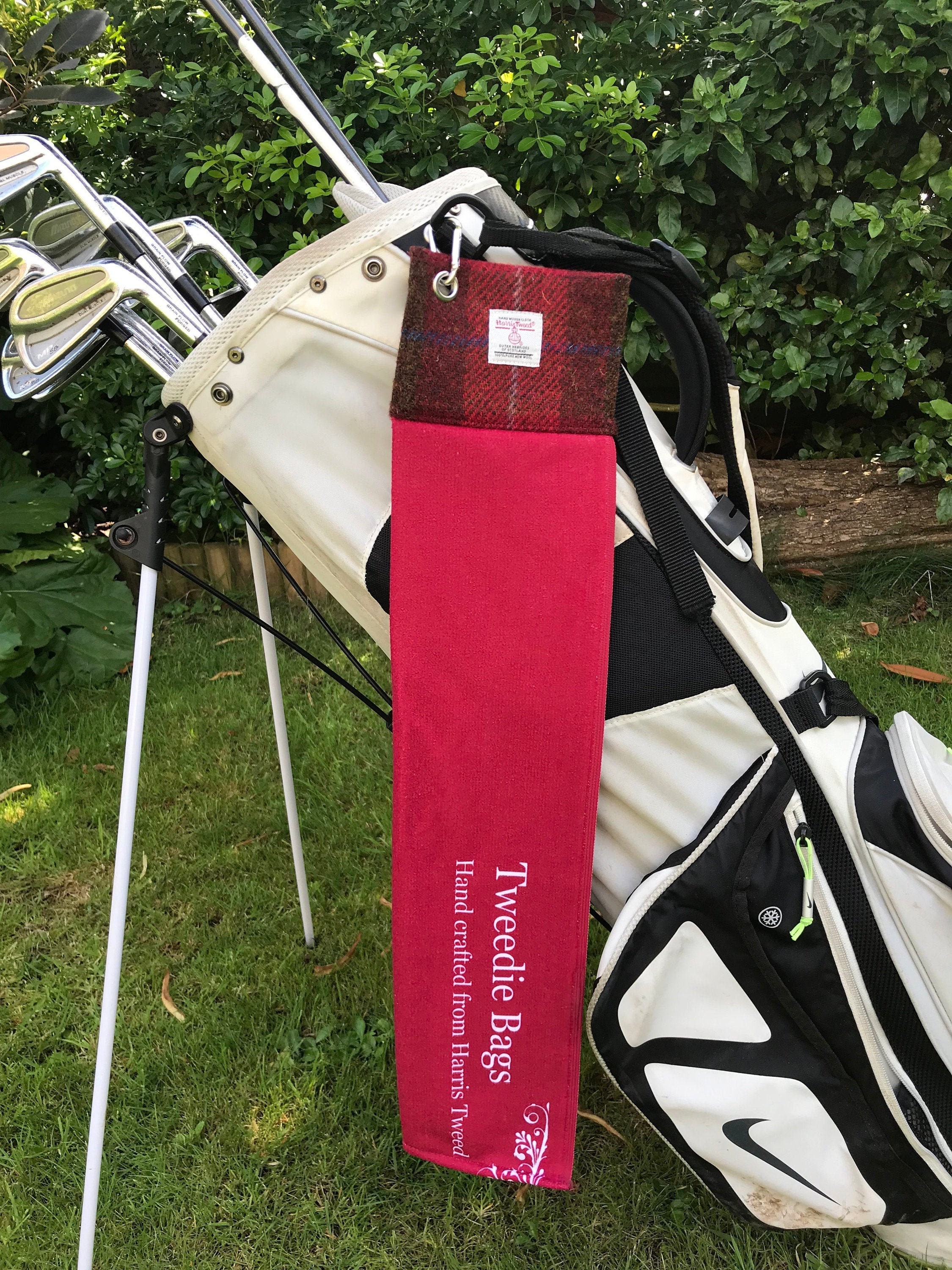 Orange Red & Green  Harris Tweed® Golf Towel | Harris Tweed® Velour Towel | Clip Velour Sports Towel | Scottish Tri-Folded Sports Towel - Thumbnail 4