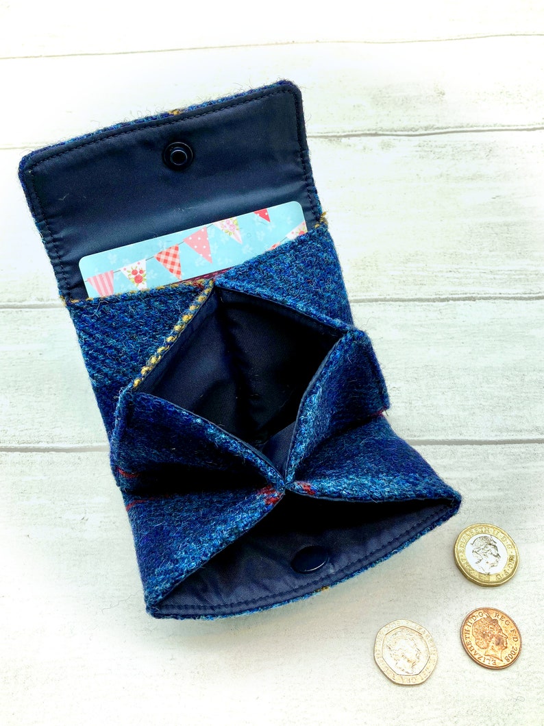 Harris Tweed® 3 Compartment Purse in navy blue check Plaid Accordion Coin Purse Checked Scottish Concertina Purse Scottish Gift image 5