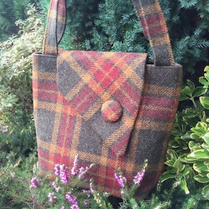 Scottish Harris Tweed® Asymmetric Tote in olive, gold & red check Plaid Tweed Tote Bag Tartan Tweed Tote Bag Check Tweed Shoulder Bag image 1