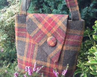 Scottish Harris Tweed® Asymmetric Tote in olive, gold & red check | Plaid Tweed Tote Bag | Tartan Tweed Tote Bag | Check Tweed Shoulder Bag