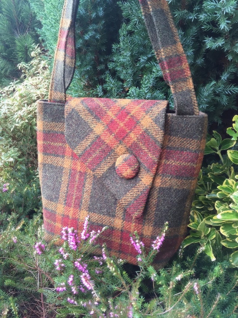 Scottish Harris Tweed® Asymmetric Tote in olive, gold & red check Plaid Tweed Tote Bag Tartan Tweed Tote Bag Check Tweed Shoulder Bag image 1