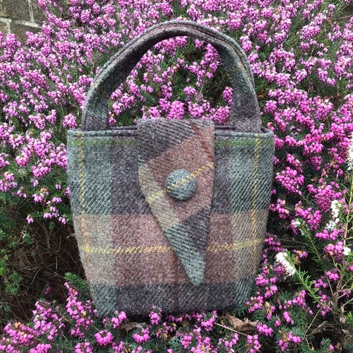 Brown & Green Scottish Harris Tweed® Mini Tote Bag with asymmetric flap | Little Scottish Tote Bag | Clutch Wrist Tweed Tote Bag buying | Her gift