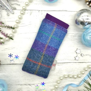 Scottish Harris Tweed® Glasses Case Flexi Top in Purple Green check | Spectacle Sleeve | Tweed Sunglasses Case | Safe Secure Protected