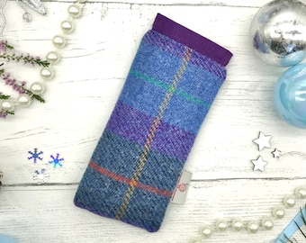 Scottish Harris Tweed® Glasses Case Flexi Top in Purple Green check | Spectacle Sleeve | Tweed Sunglasses Case | Safe Secure Protected