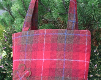 Scottish Harris Tweed  A4 Tote Shopper Bag in red & brown check | Students Tweed Shoulder Bag | Plaid Tweed Tote | Tartan Tweed Tote