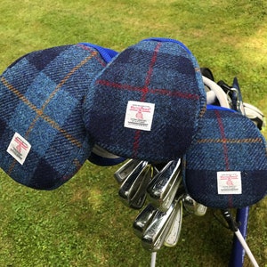 Set of 3 Harris Tweed® Golf Head Covers | Small Medium Large Scottish Tweed Golf Driver Cover | Golf Fairway Wood Club | Plaid Golfers Gift