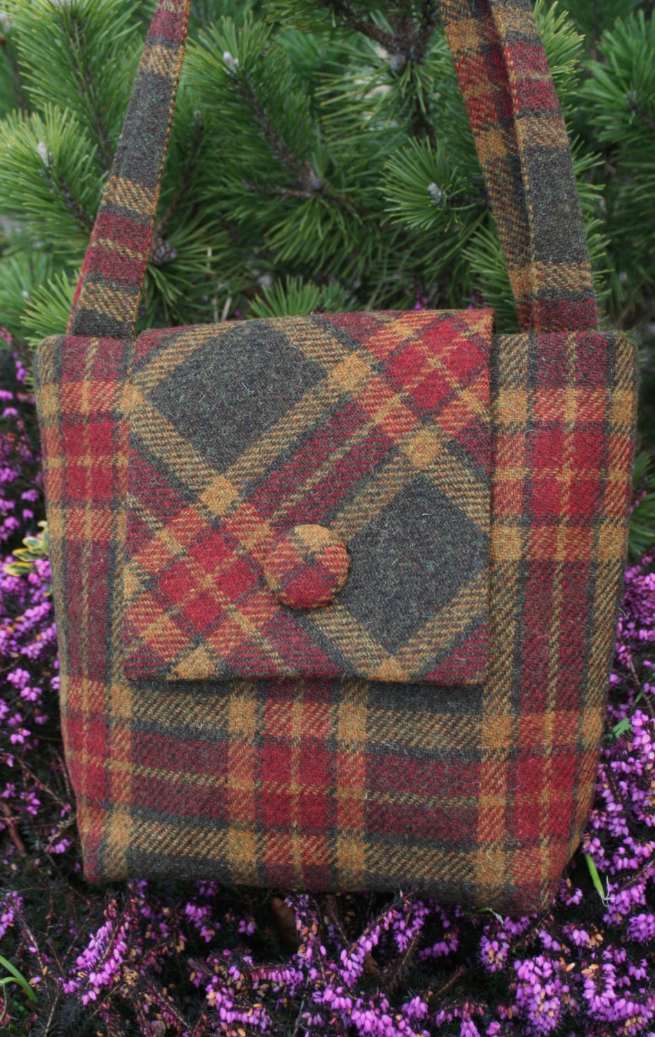 Scottish Harris Tweed® Tote Bag in Olive, Gold & Red check | Plaid Tweed Tote Bags | Tartan Tweed Tote | Checked Tweed Shoulder Bags - Thumbnail 3