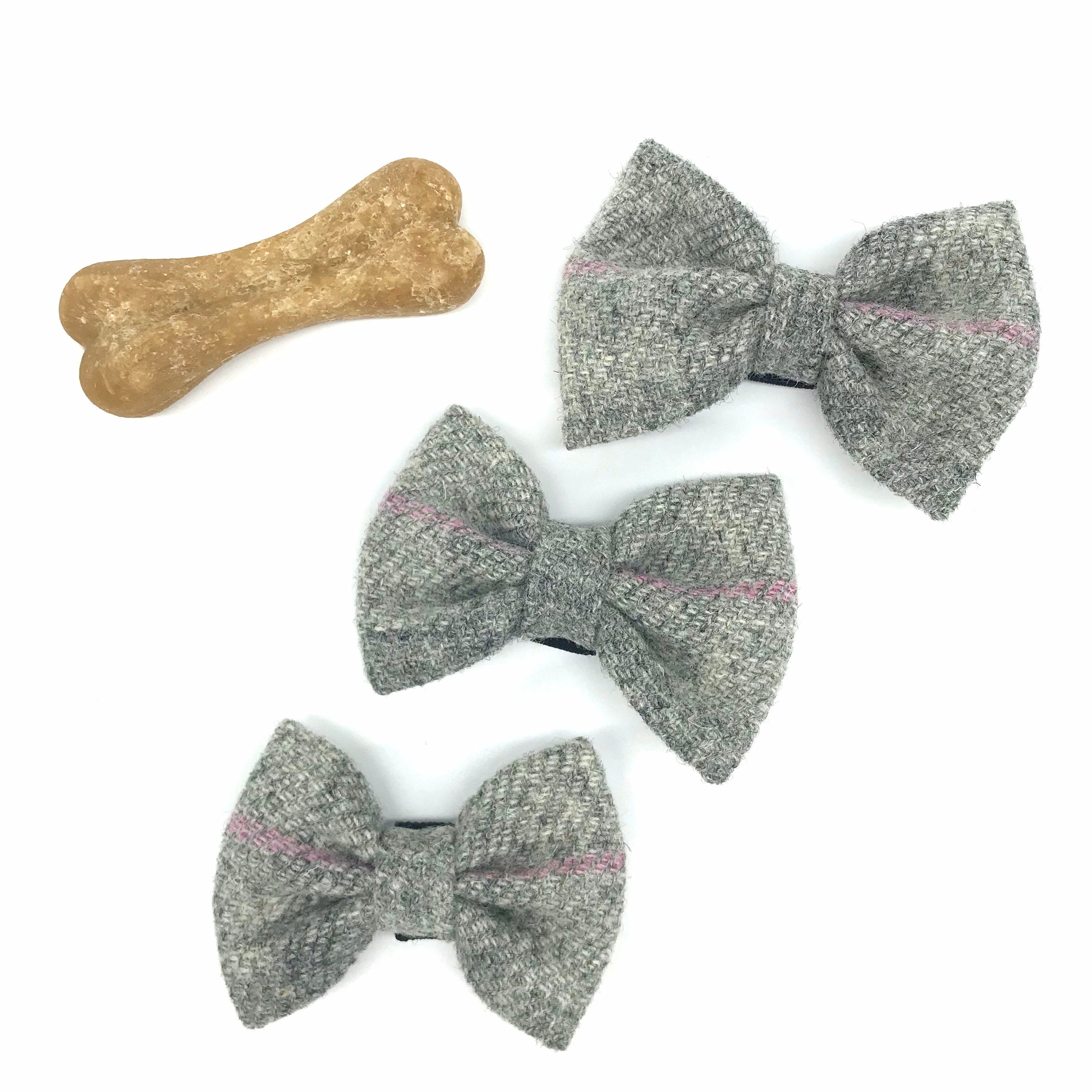 Harris Tweed® Bow Ties for Dog Collars in grey check with pink and blue | Scottish Tweed Dickie Bows for Dogs in gray check