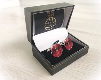 Maciver tartan - Red, black & white Harris tweed® cufflinks in silver | MacIver | Wedding Cuff links | Best Man Gift | Wedding Favours