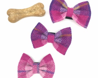 Harris Tweed® Bow Ties for Dog Collars in pink and purple check | Scottish Tweed Dickie Bows for Dogs