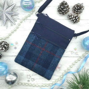 Scottish Harris Tweed® Navy check Canvas Bag | Scottish Tweed Shoulder Bag | 3 Zipped Navy Blue Tweed and Canvas Bag | Travel Bag