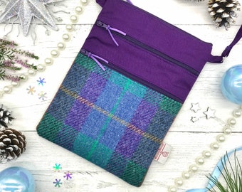 Scottish Harris Tweed® Purple Blue Canvas Bag | Scottish Tweed Shoulder Bag | 3 Zipped Tweed and Canvas Green Purple Bag | Travel Adjustable