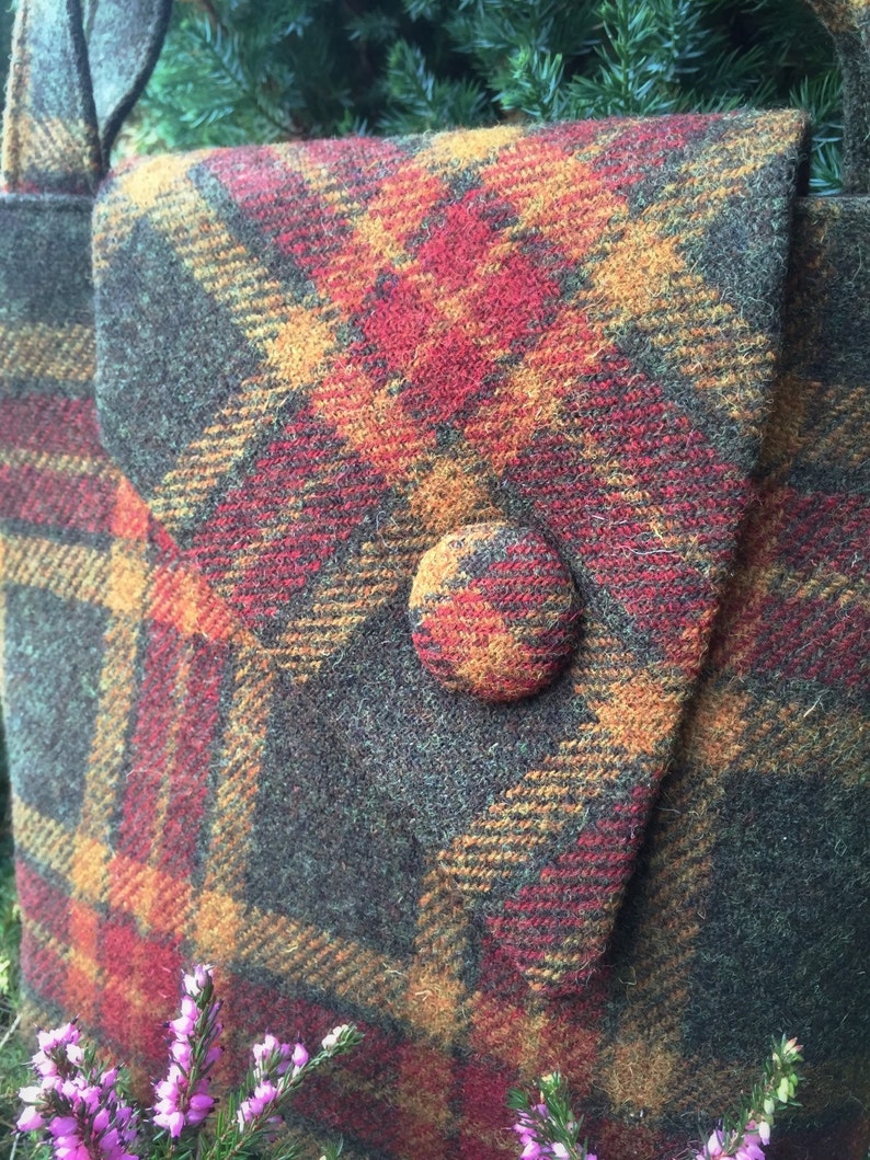 Scottish Harris Tweed® Asymmetric Tote in olive, gold & red check Plaid Tweed Tote Bag Tartan Tweed Tote Bag Check Tweed Shoulder Bag image 4