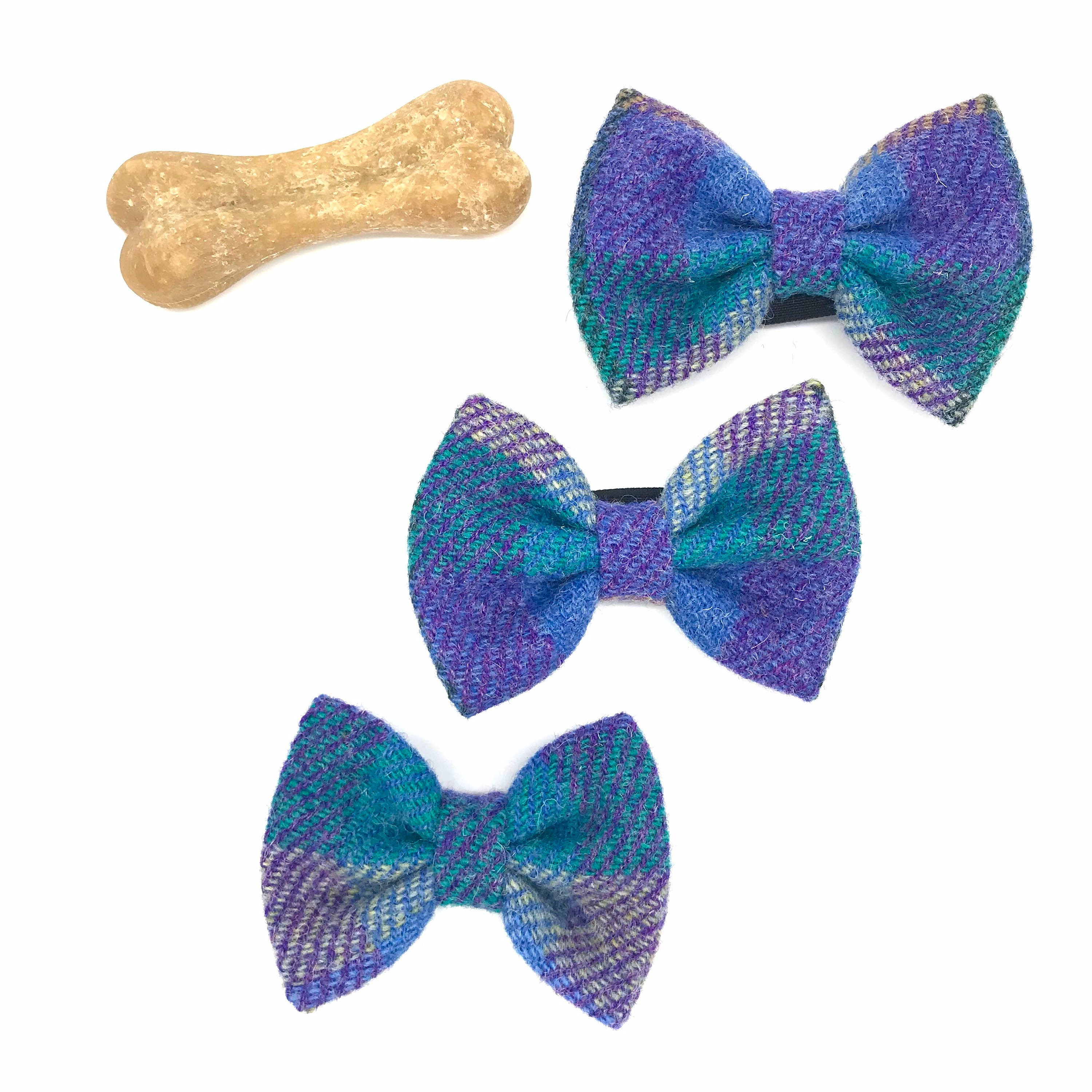 Harris Tweed® Bow Ties for Dog Collars in purple green blue check | Scottish Tweed Dickie Bows for Dogs