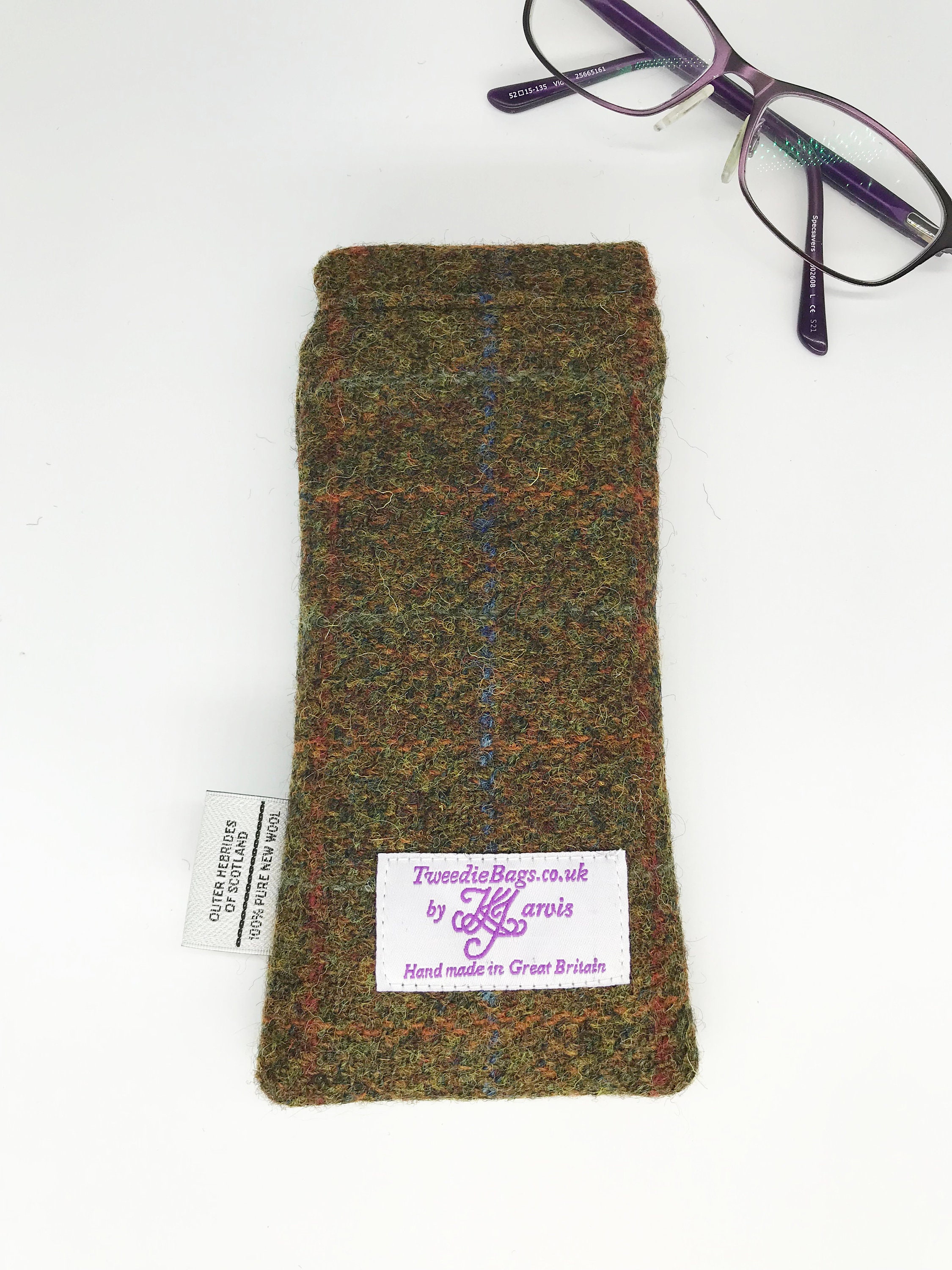 Scottish Harris Tweed® Glasses Case Flexi Top in Olive | Tweed Spectacle Sleeve | Harris Tweed® Sunglasses Case | Safe Secure & Protected - Thumbnail 6