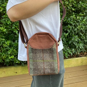 Harris Tweed® & Canvas Zip Topped Unisex Shoulder Bag in Brown Grey and Green | Tweed Man Bag | Scottish Plaid Box Bag Zipper Top Cross Body
