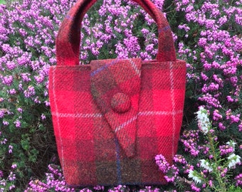 Harris Tweed® Mini Tote Bag: Scottish Wool Clutch Red Brown Check