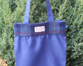 Foldable shopping bag with navy check Scottish Harris Tweed® | Re-useable fold away tote shopping bag | Compact fold up eco shopper