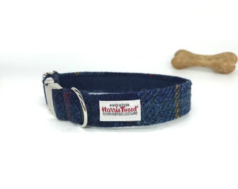 Scottish Harris Tweed® Adjustable Dog Collar navy blue check  | Plaid Dog collar with metal clasp | Tartan dog collar | Dog lovers gift