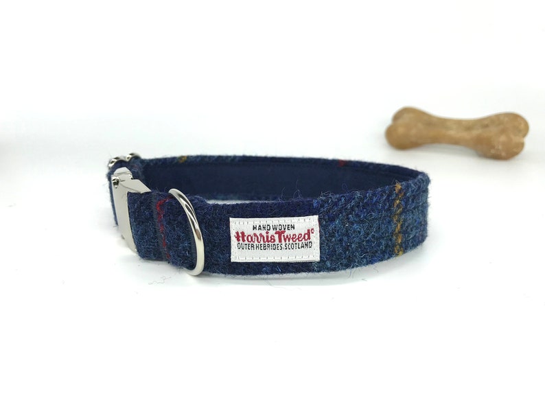 Scottish Harris Tweed® Adjustable Dog Collar navy blue check Plaid Dog collar with metal clasp Tartan dog collar Dog lovers gift image 1