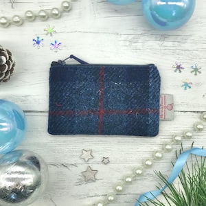 Harris Tweed® Coin Purse: Navy Check Scottish Wool Zipper Pouch