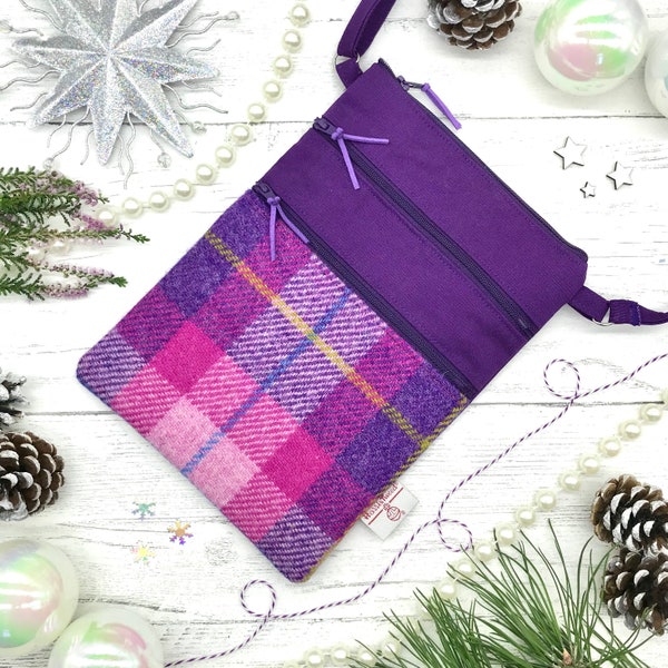 Schottische Harris Tweed® rosa lila Canvas Tasche | Schottische Tweed Schultertasche | 3 Reißverschluss Tweed und Canvas rosa lila Tasche | Reise einstellbar